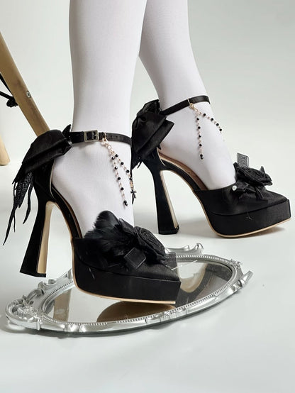 - Heels Chains Bow High Detachable Regular Gothic Platform Floral Beaded Version Design with Black Accents