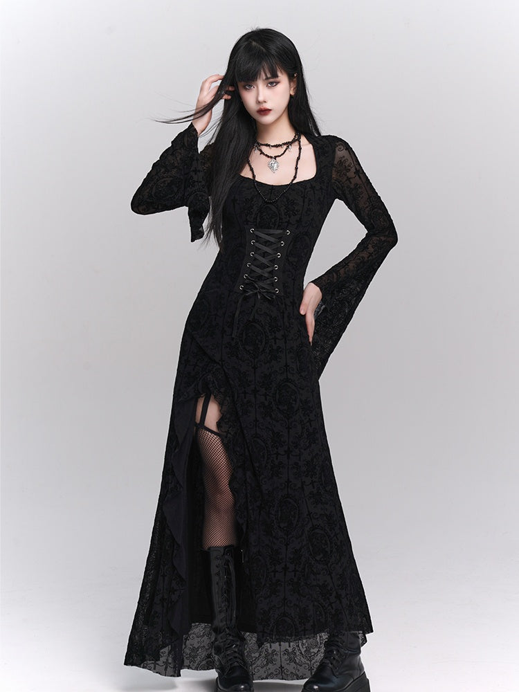 Gothic Black Bell Sleeves Side Slit Rosette Lace Dress with Lace-up Detail