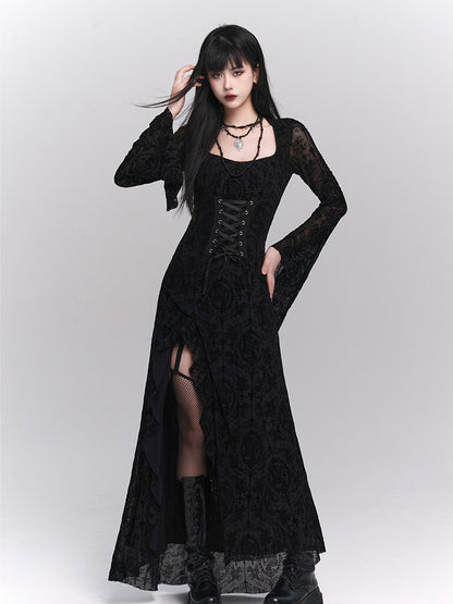 Gothic Black Bell Sleeves Side Slit Rosette Lace Dress with Lace-up Detail