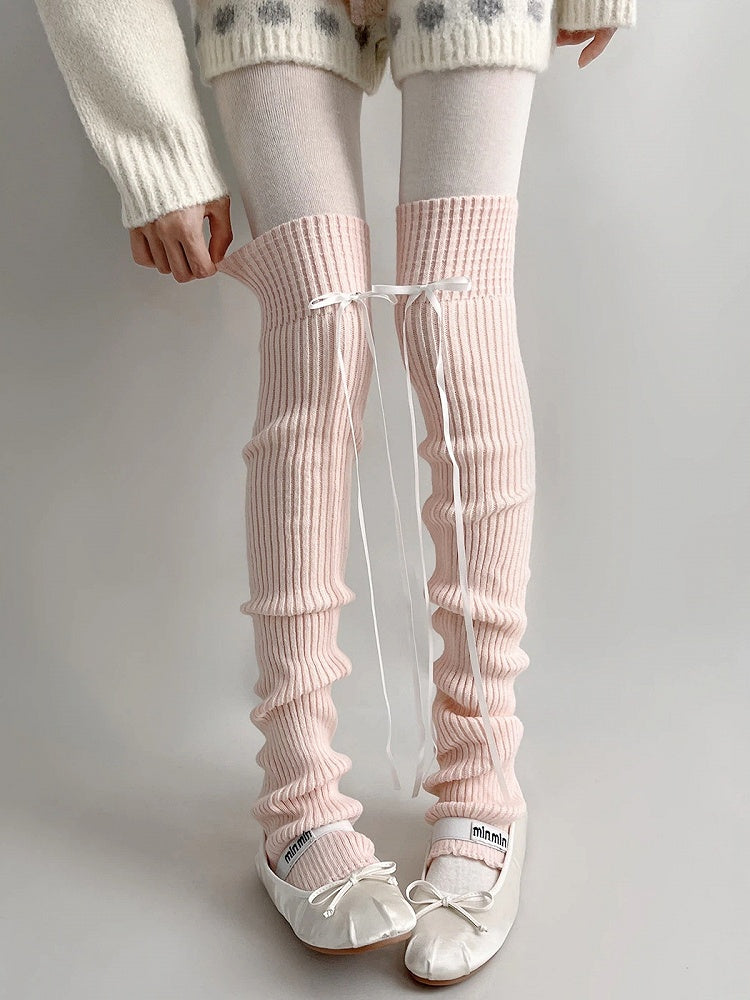 (3 Ribbed Bow Detachable Colors) Leg Warmers