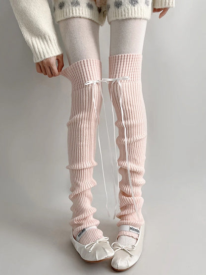 (3 Ribbed Bow Detachable Colors) Leg Warmers