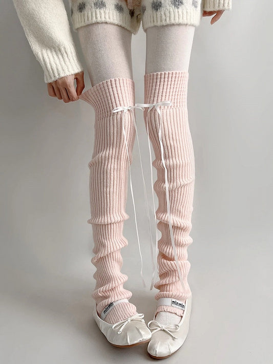 (3 Ribbed Bow Detachable Colors) Leg Warmers