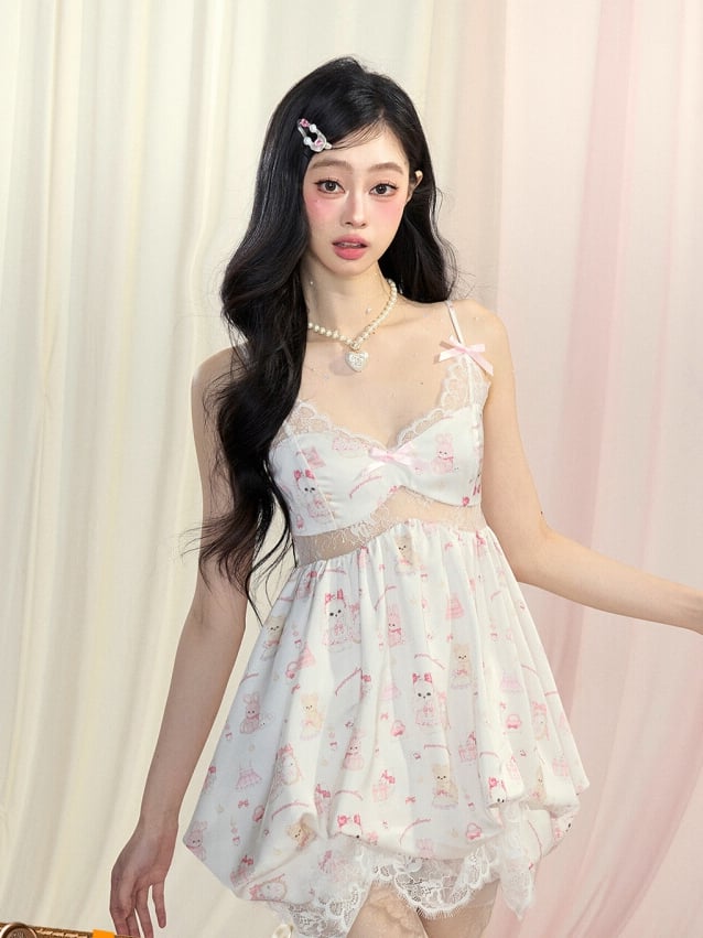 White Cutout Slip Dress Skirt Cute Animal Bubble Print Mini Midriff