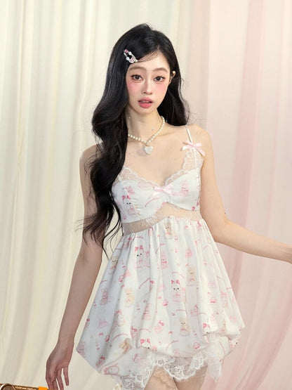 White Cutout Slip Dress Skirt Cute Animal Bubble Print Mini Midriff