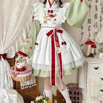 Neckline and Han Apron + Lolita Crossover Bunny Mushroom Green Embroidery OP