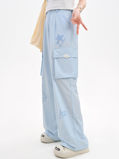 Lockere Hose mit geradem Bein und Taschen, blau, mit Anime-Print, Cargo