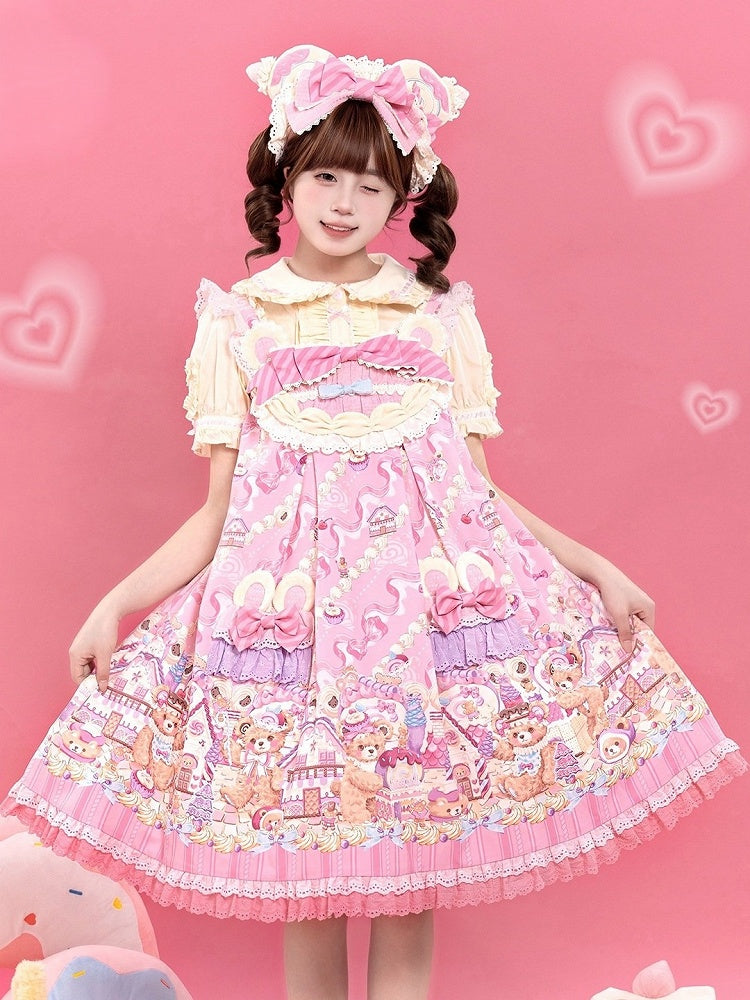 Kawaii Puff Sleeves Lolita JSK Dress with Bear Cake Theme Floral Print - Mewroco