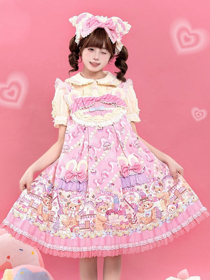 Kawaii Puff Sleeves Lolita JSK Dress with Bear Cake Theme Floral Print - Mewroco