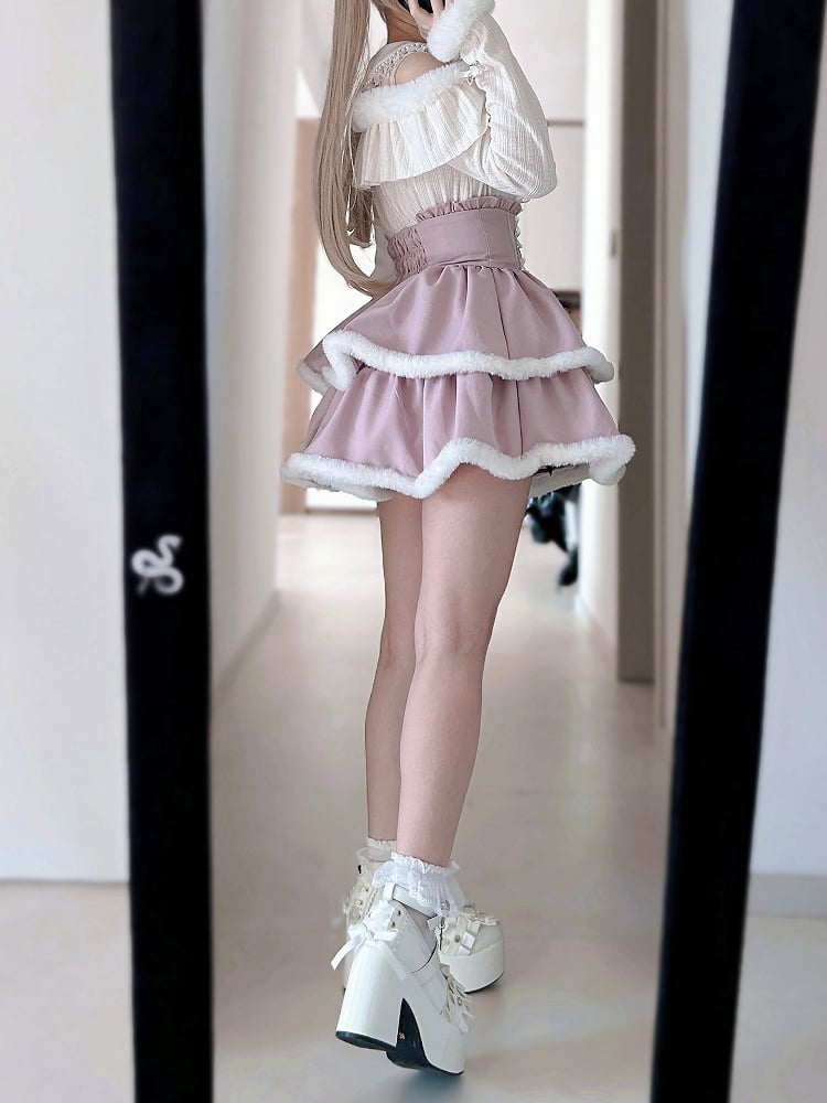 High Waist Tiered Skirt Double-Layered Plush Trim  Plaid Jirai Kei Pink/Black