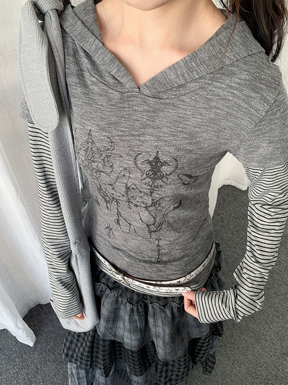 Top Print Y2K Cat Gray Bunny Patchwork Hooded Striped with Two-piece