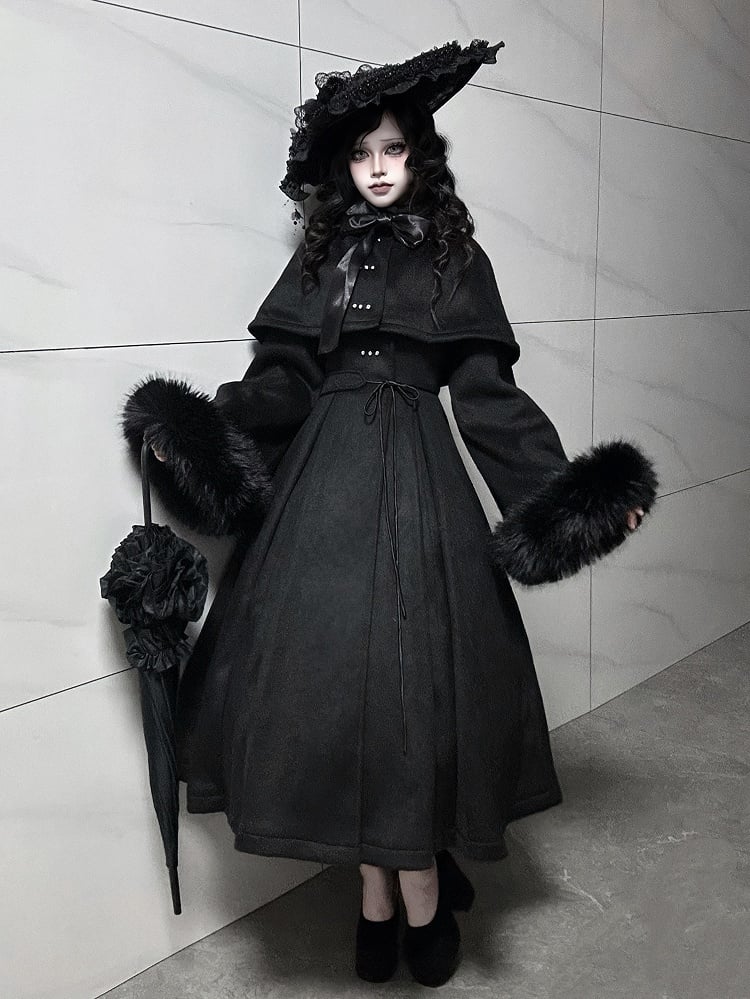 Gothic High and Cape Collar Black Lolita Woolen Furry with Detachable Coat Cuffs Winter