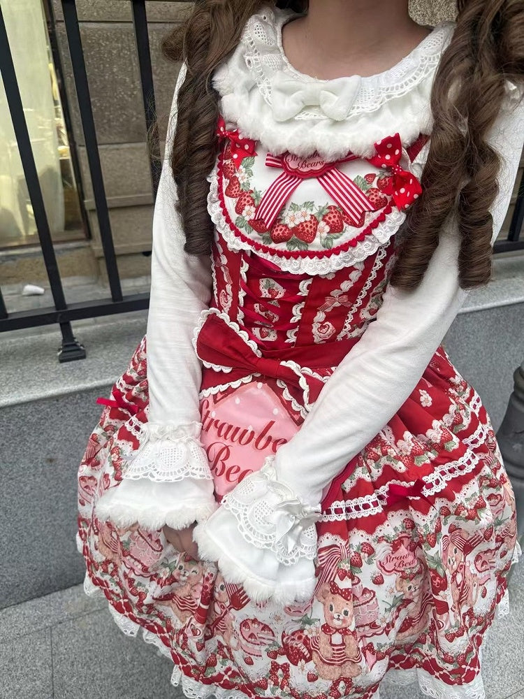 White Cuffs Top Details Lolita Bow and Plush with Long-Sleeve