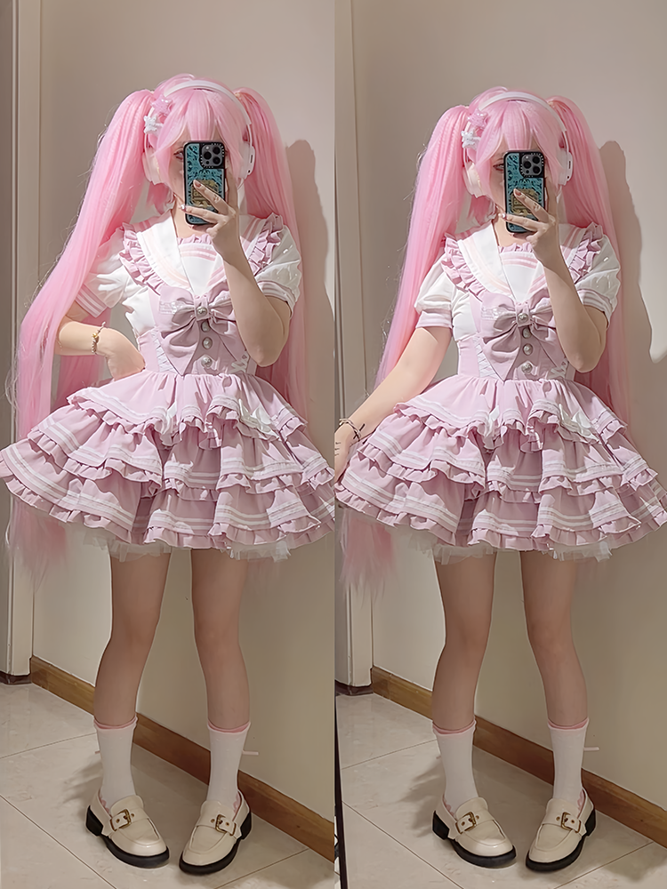 Accents Tiered Skirt Sweet Pink Overalls Flutter Sleeves Bow Lolita Dress Light