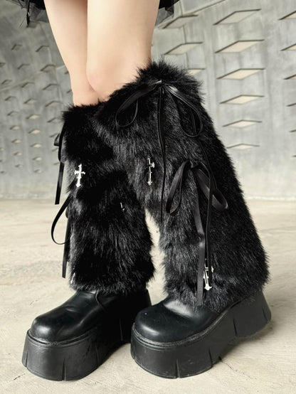 クロスチャーム ブラック ゴシック パンク 蝶結び フェイクファー レッグウォーマー