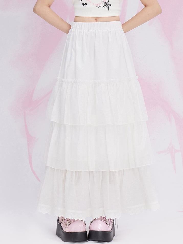 ホワイトレーストリム ティアードマキシスカート