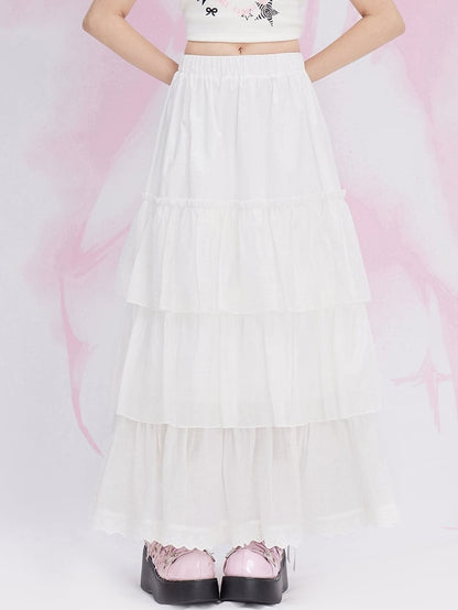 ホワイトレーストリム ティアードマキシスカート