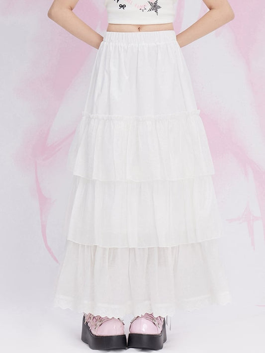 ホワイトレーストリム ティアードマキシスカート