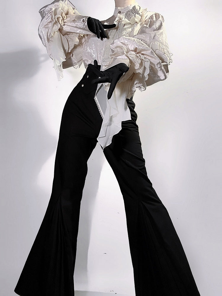 Beige Long Sleeves Jacquard Ouji Style Shirt with Rose and Bead Chains + Black High Waisted Flared Pants Set - Unknown Star