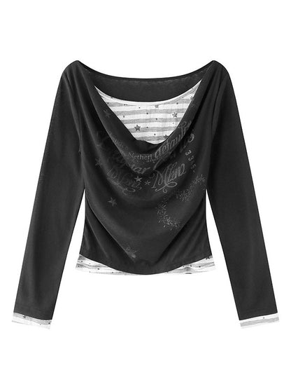 Black/White Cowl Neck Fake Two-Piece Long Sleeve Top with Stripes and Stars - Solkatt