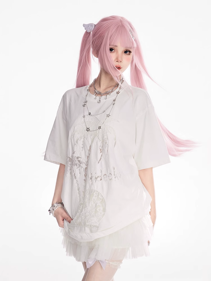 T-shirt Coconut Tree Print White Round Neck Tonal