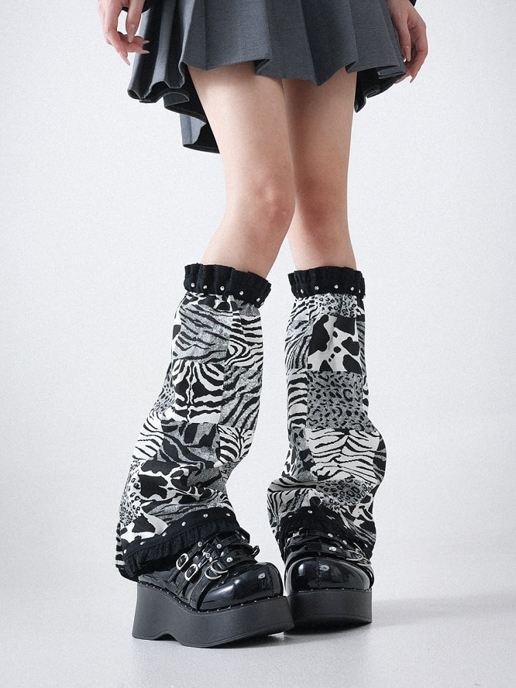 Black and White Zebra Pattern Ruffle Leg Warmers - Solost