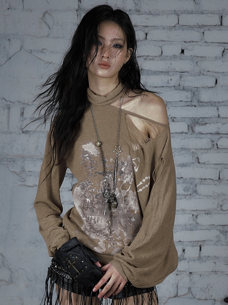 Distressed Beige/Khaki Top Ausschnitt Punk Asymmetrisch Sonnenschutz Ödland Löcher