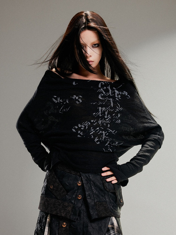 Vintage Print Totem Knit Off-Shoulder Punk Black Top Loose Fit