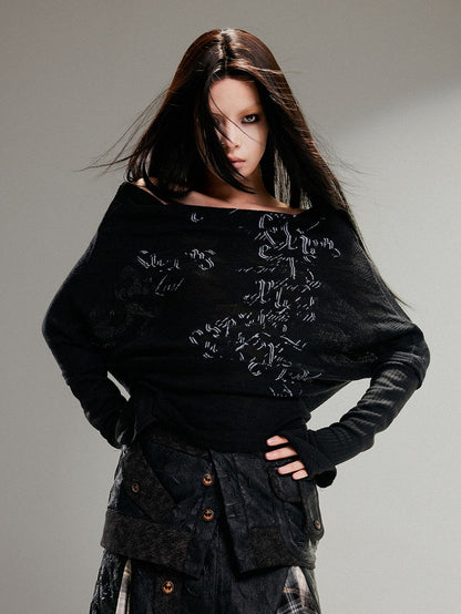 Vintage Print Totem Knit Off-Shoulder Punk Black Top Loose Fit