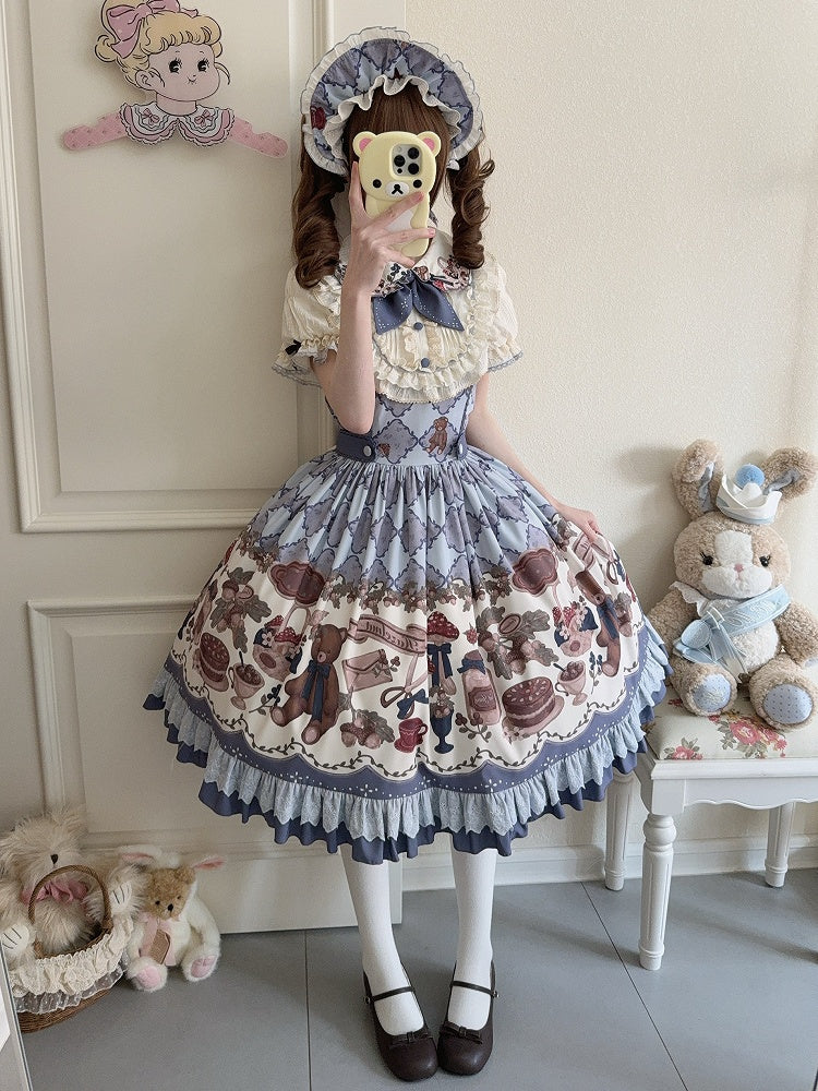 Einteiliges Lolita-Kleid mit Eichel-Print und kurzen Ärmeln, Teddy Sweet