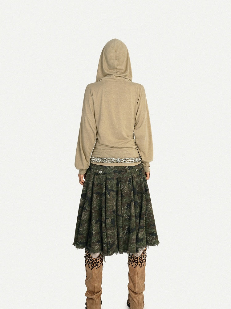 Wasteland Style Cowl Neck Cross Print Long Sleeve Hoodie with Ruffle Details