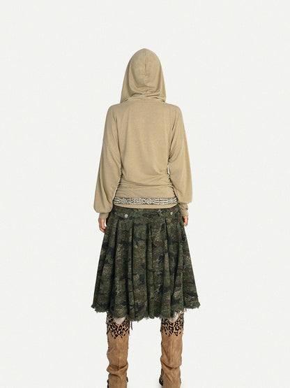 Wasteland Style Cowl Neck Cross Print Long Sleeve Hoodie with Ruffle Details
