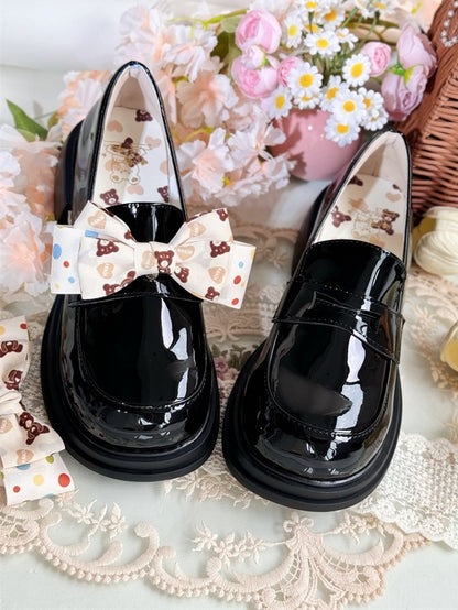Fit Style Black JK Detachable in Loafers Mid-heel Design Print Academic Bear Bow Slip-in