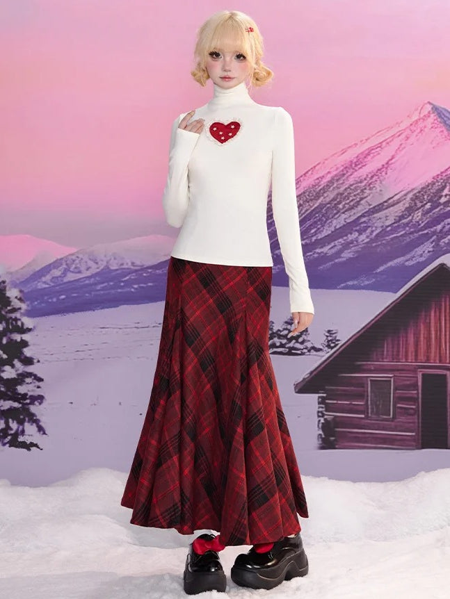 ハイスカートとチェック柄ウエストのブラックマーメイドレッド