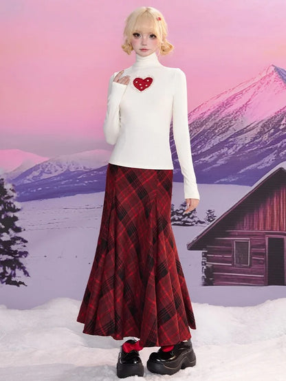 ハイスカートとチェック柄ウエストのブラックマーメイドレッド