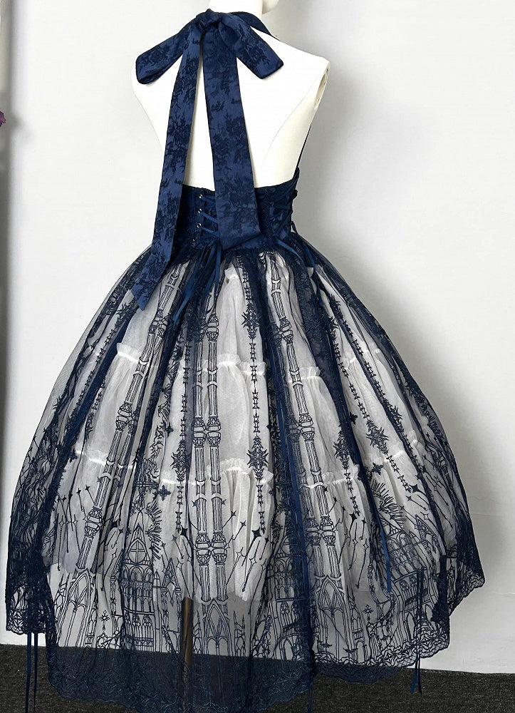 Dunkelblauer Gothic Lolita Korsettgürtel mit Kathedralen-Overlay im Kordelzug-Design