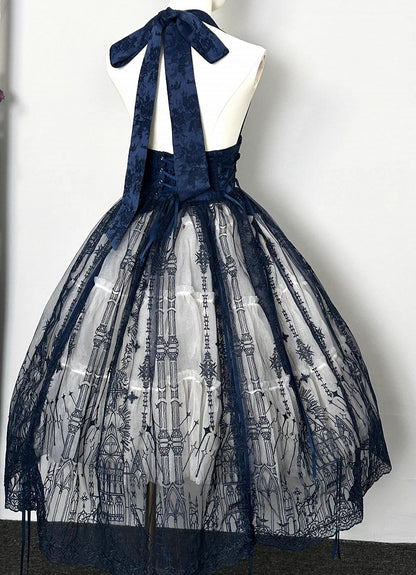 Dunkelblauer Gothic Lolita Korsettgürtel mit Kathedralen-Overlay im Kordelzug-Design