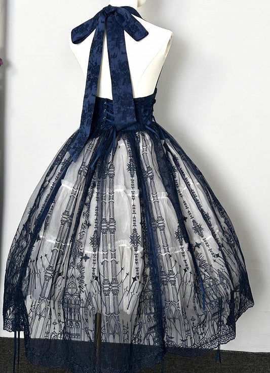 Dunkelblauer Gothic Lolita Korsettgürtel mit Kathedralen-Overlay im Kordelzug-Design