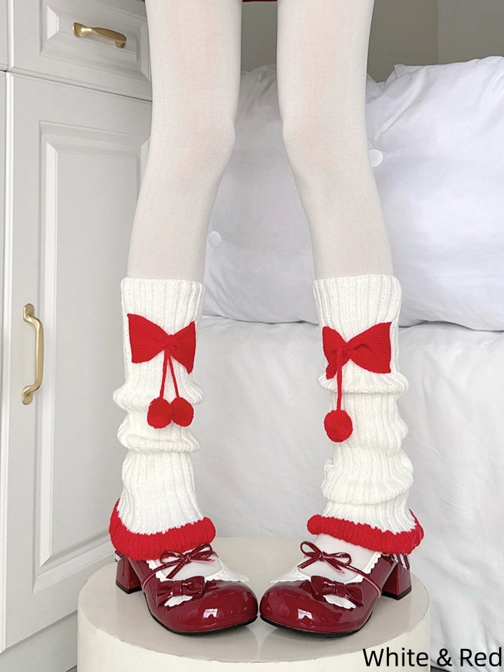 Warmers Decorated Leg 2 Knitted Cute Bow Pom-pom Colors
