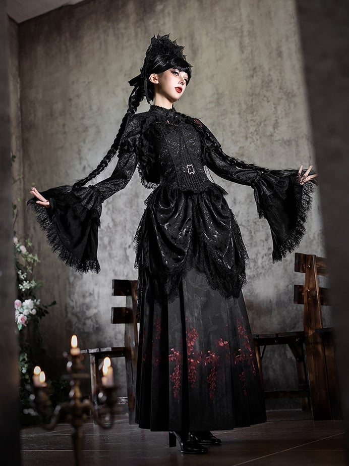 Black Gothic Butterfly Corset Set | Corset Top + Horse-face Skirt + Bolero + Waist Drapery + Brooch | With PUJI