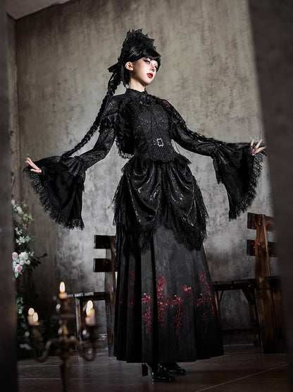 + Gothic Brooch Corset Lolita Print Top Bolero Black Horse-face Drapery Butterfly Skirt Waist