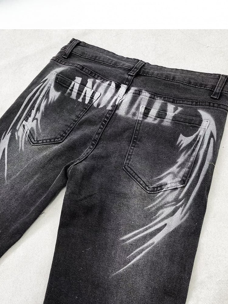 Flare Black Wings Print Y2K Jeans und Silhouette Kreuz