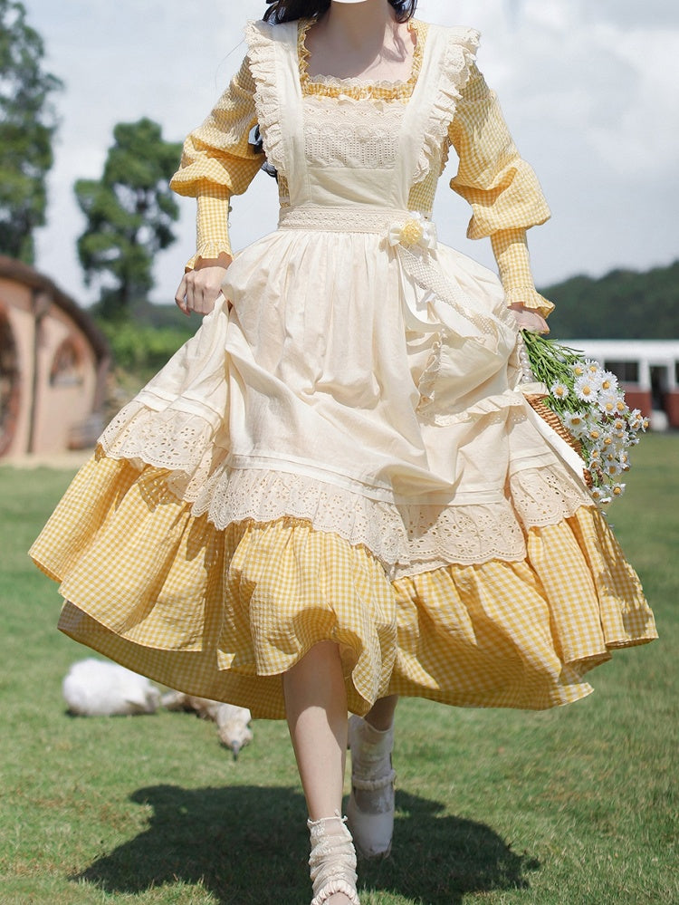 Gelbes Stück Süßes Lolita Taillenkleid Bischof Plaid Ärmel Hohe