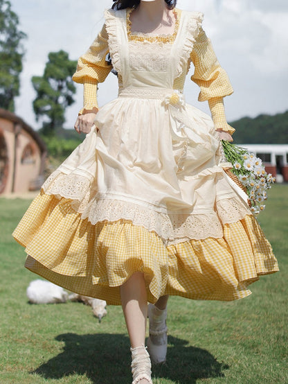 Gelbes Stück Süßes Lolita Taillenkleid Bischof Plaid Ärmel Hohe