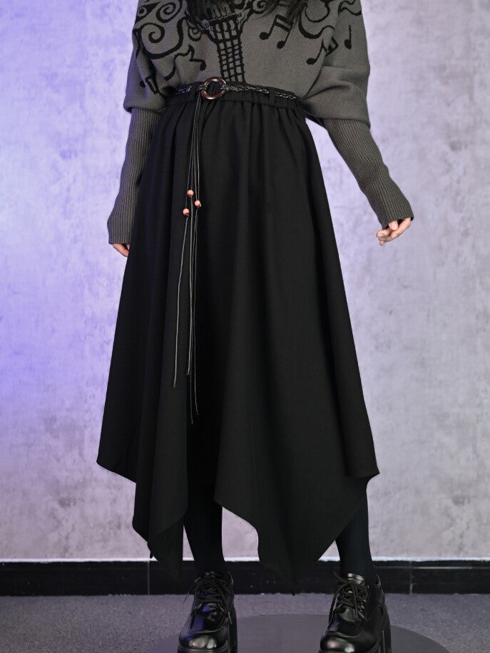 Black Fall/Winter for Skirt Waist with Asymmetrical Woven Handkerchief Cord Elastic Hem