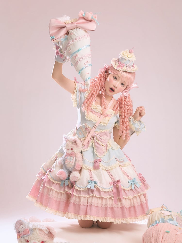 Sweet Blue Details Neckline Lolita Pink Dress Sleeves Square and Bowknot Puff