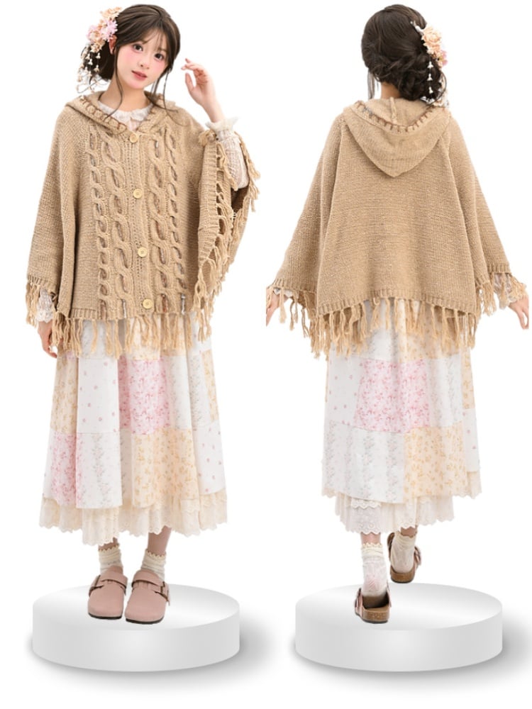 タッセルヘム付きケープ カーキ ニット フード付き