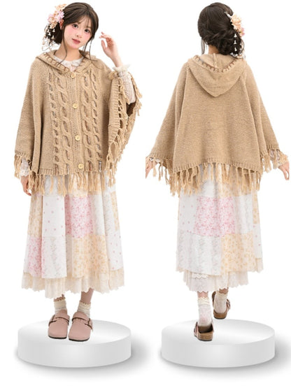 タッセルヘム付きケープ カーキ ニット フード付き