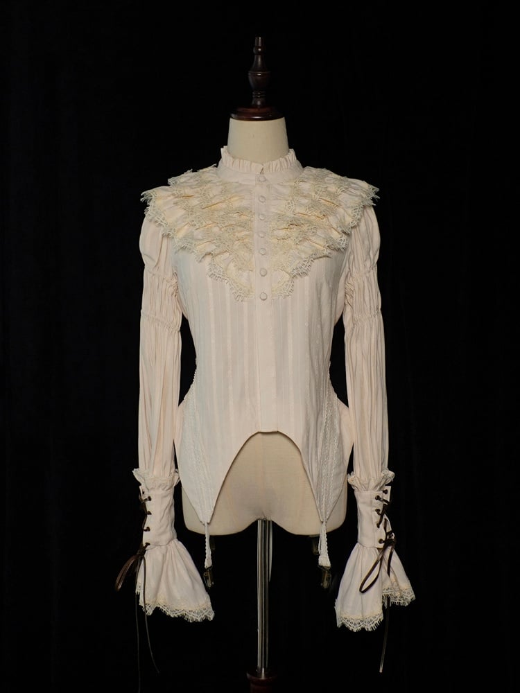 Beige Sleeves Ruffle Blouse Neckline Leg-of-Mutton