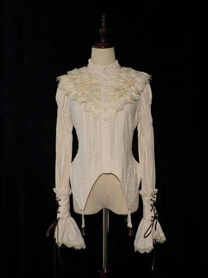 Beige Sleeves Ruffle Blouse Neckline Leg-of-Mutton