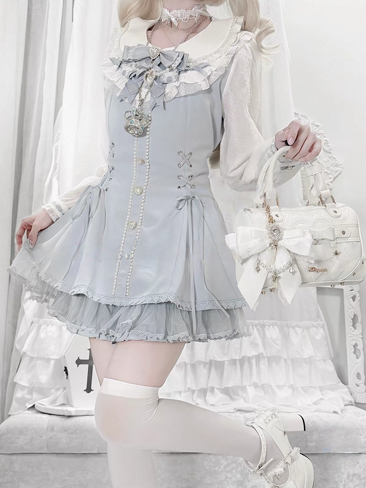 Blue Lace Long Sleeve Dress with Bow & Bead Decorations + Matching Shorts - AOSpace